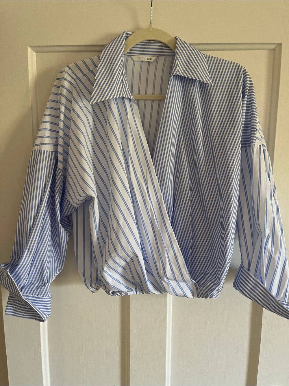 ZARA Striped Wrap-Front Poplin Shirt - Blue/White